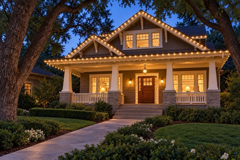 AI-generated design concept: Craftsman Christmas. Warm-white lights follow the gables and porch roof. The garden stays natural.