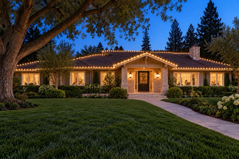 AI-generated design concept: California ranch, all aglow. A single warm-white outline brings out the long, low roofline.
