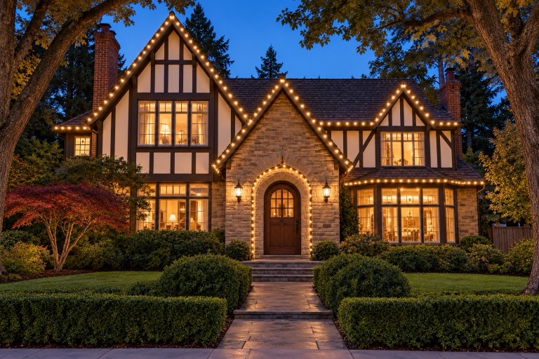 AI-generated design concept: Storybook holiday. Simple roofline lights highlight the gables and architectural detail.
